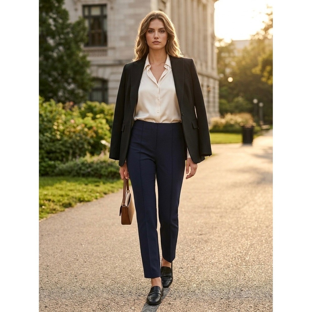Escada Tuska Navy Blue Pintuck Slim Leg Trousers Pants Size 36 1005616 02